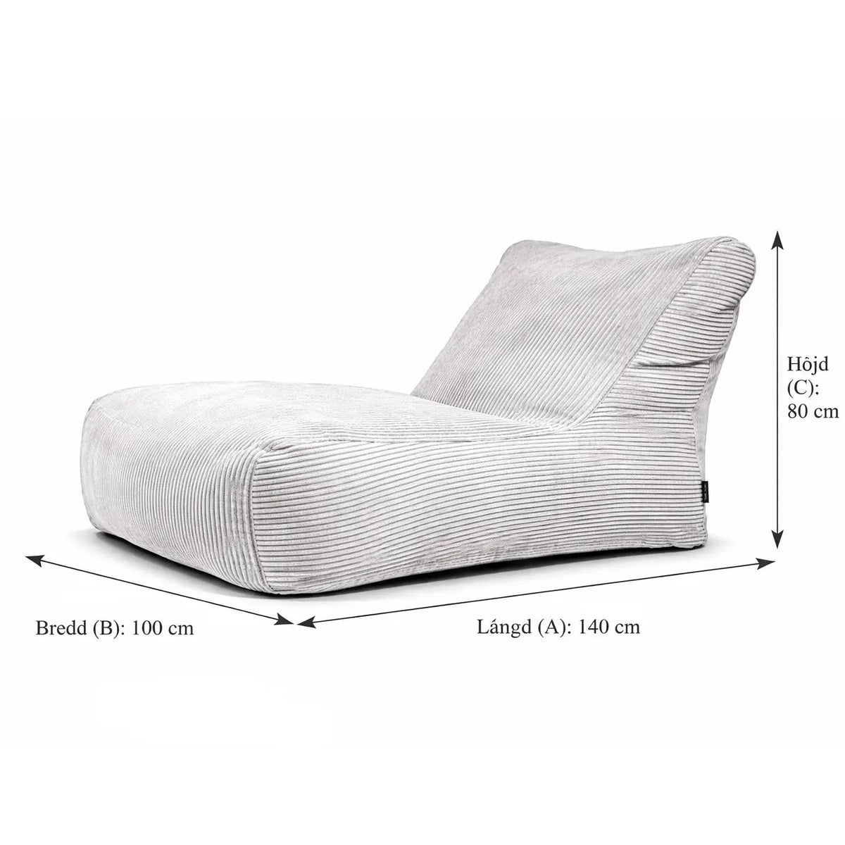 Vit ribbad sittsäcksfåtölj Lounge 100 med mått: 140 cm lång, 100 cm bred och 80 cm hög.