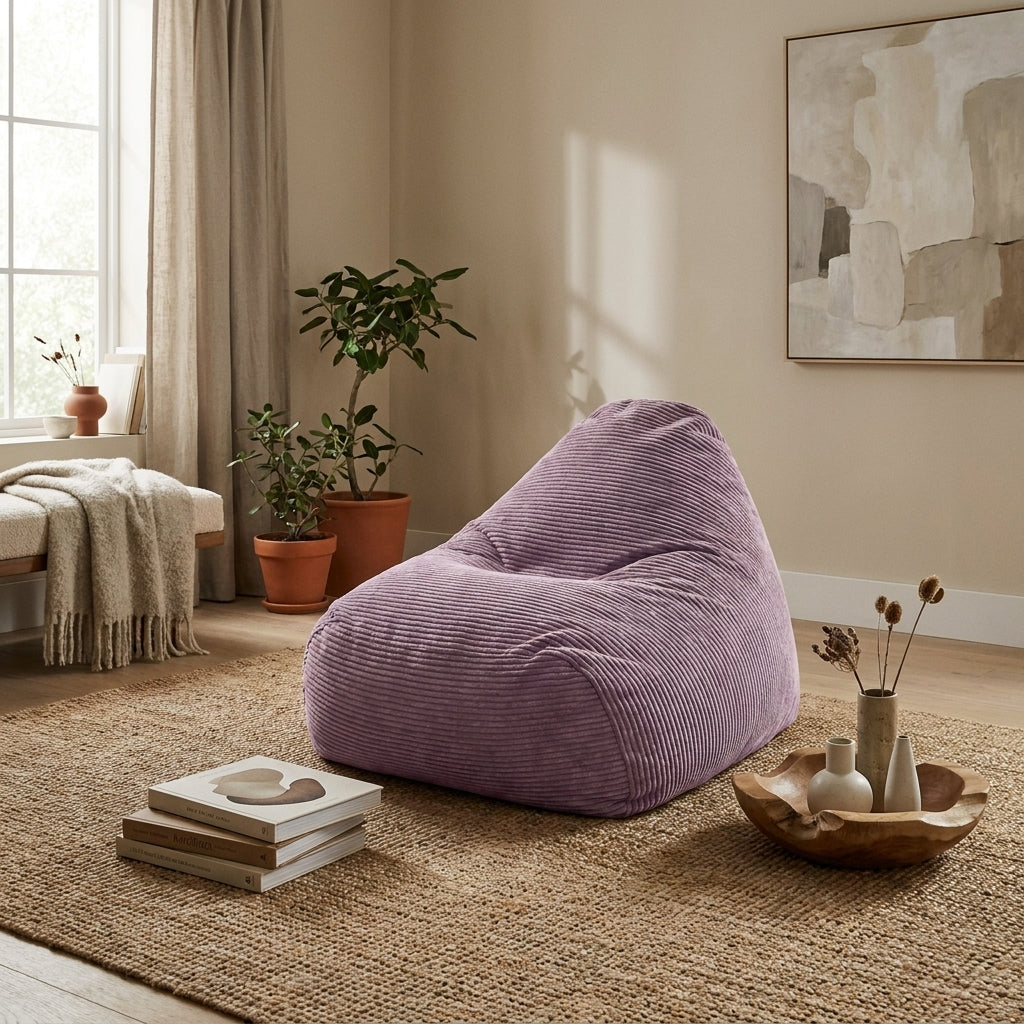 A cozy lilac corduroy beanbag chair styled in a minimalist, sunlit living room with natural textures and decor.