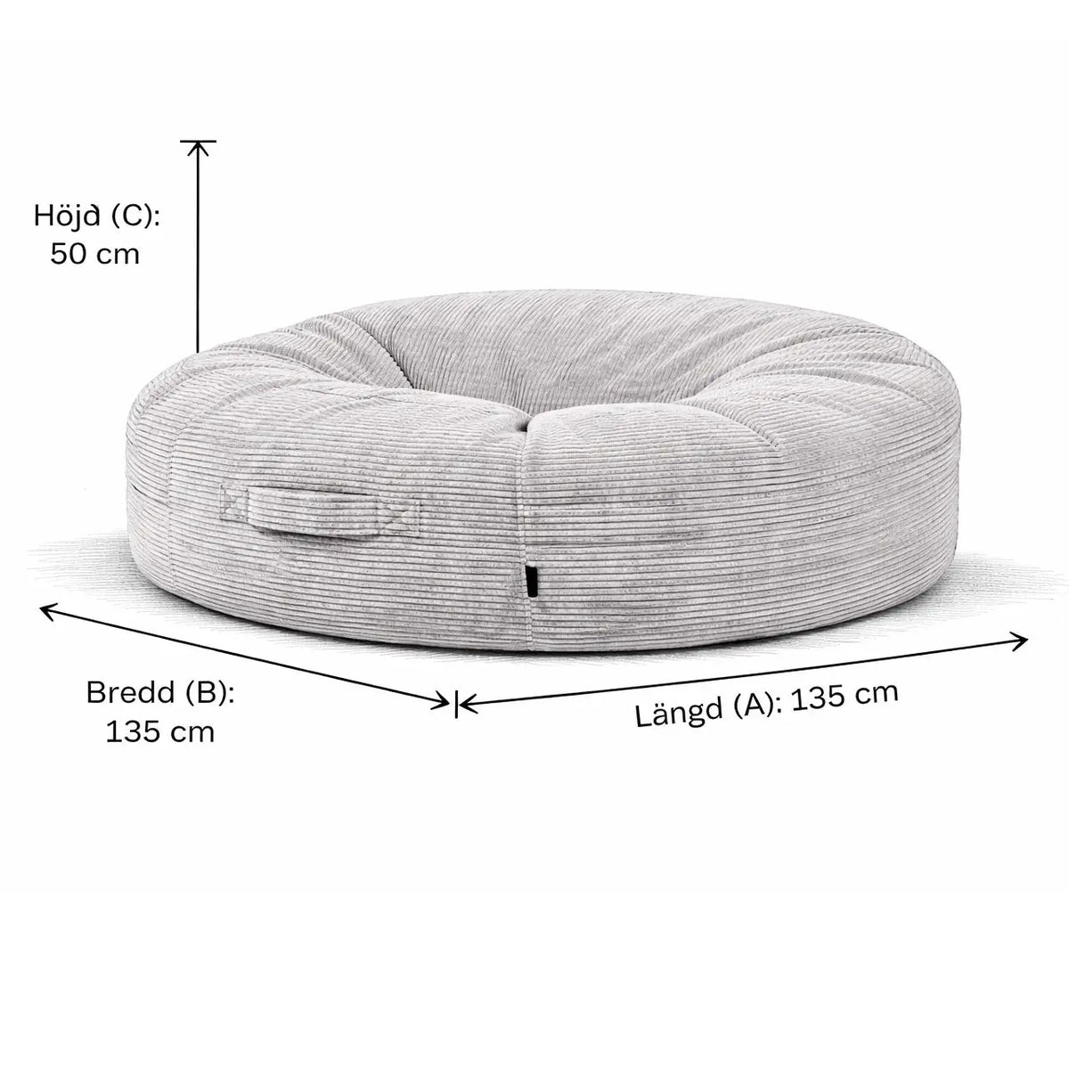Saccosäck för vuxna Roll 135 i vit och grå färg med måtten 135 cm i bredd och 50 cm i höjd.