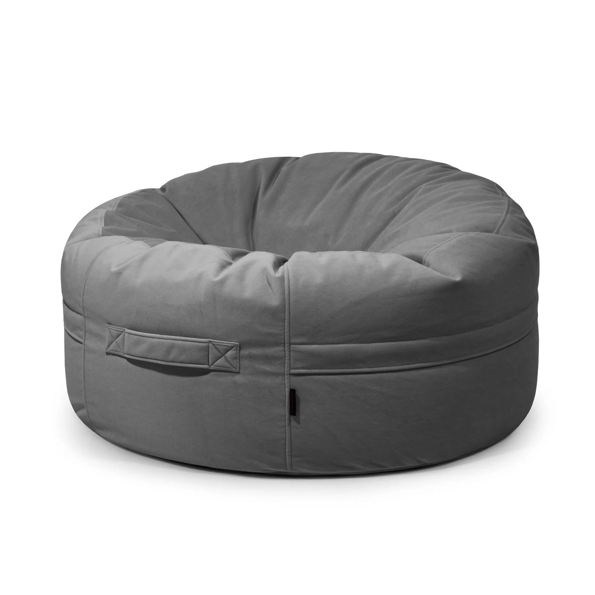 Munkformad saccosäck mörkgrå design för avkoppling och stilren inredning.