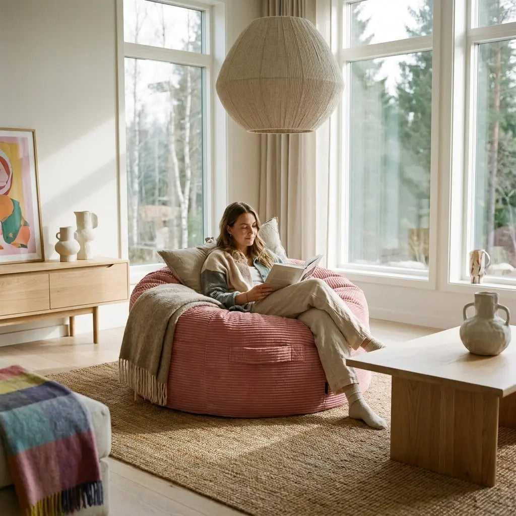 Cozy living room with a woman reading on a pink beanbag chair, featuring natural wood furniture, a jute rug, and modern decor.