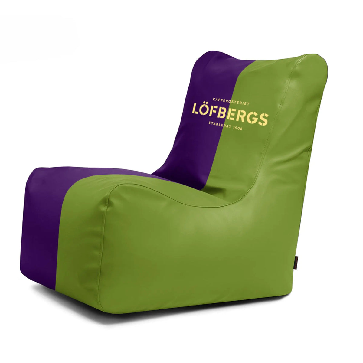 reklam saccosäck med tryck i grön och lila design med LÖFABERGS logotyp
