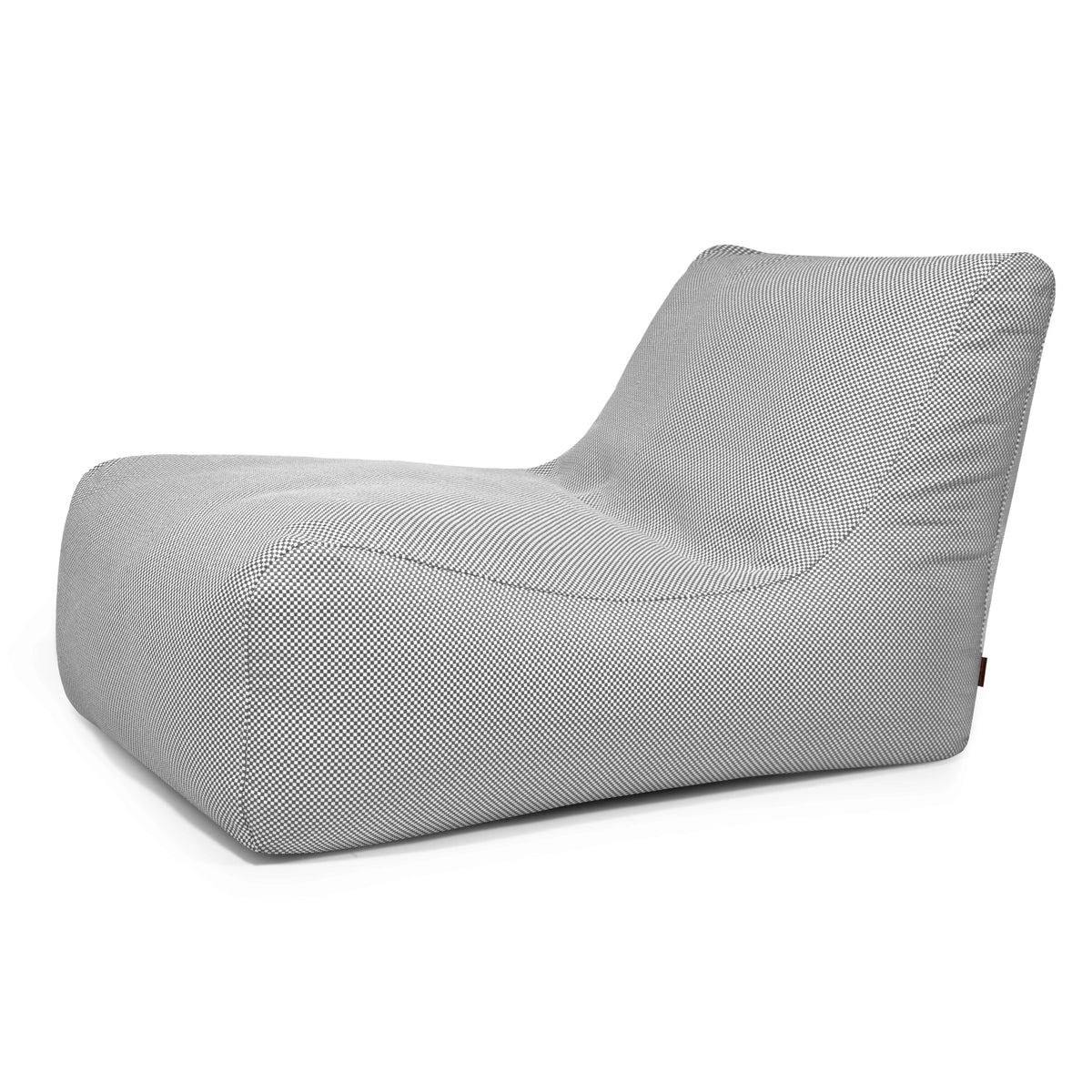 Grå sittsäcksfåtölj Lounge 100 med mönstrat tyg, bred rygg och bekväm design.