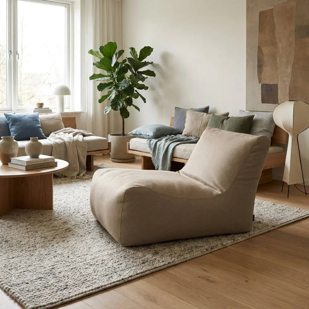 Sittsäck Lounge 100 Nordic Concrete in a cozy, modern living room with neutral tones, wooden accents, and soft lighting.
