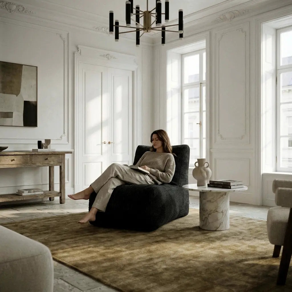A woman relaxes on a Sittsäck Lounge Waves Black beanbag chair in a bright, elegant living room with a marble side table.