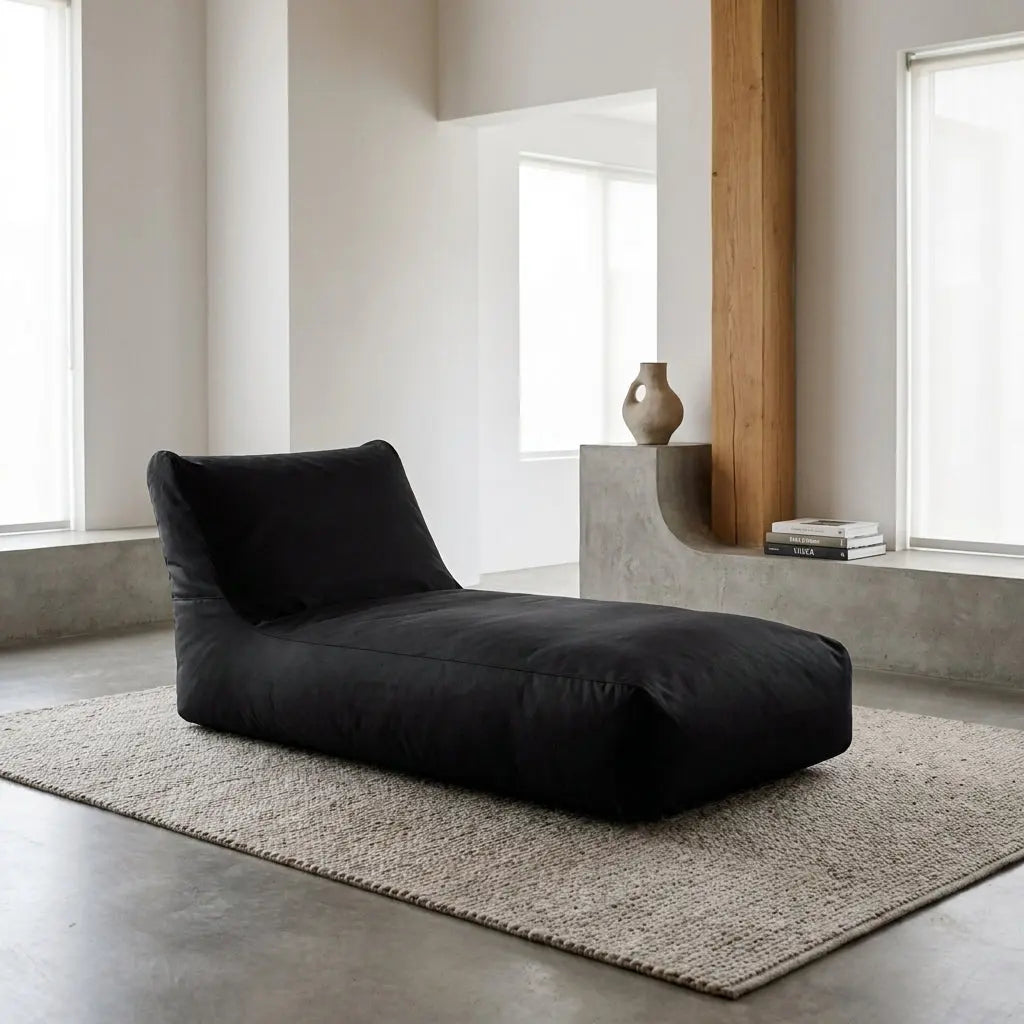 Sittsäck dagbädd sunbed 90 OX Blue in a minimalist, sunlit living room with a jute rug and wooden floor lamp.