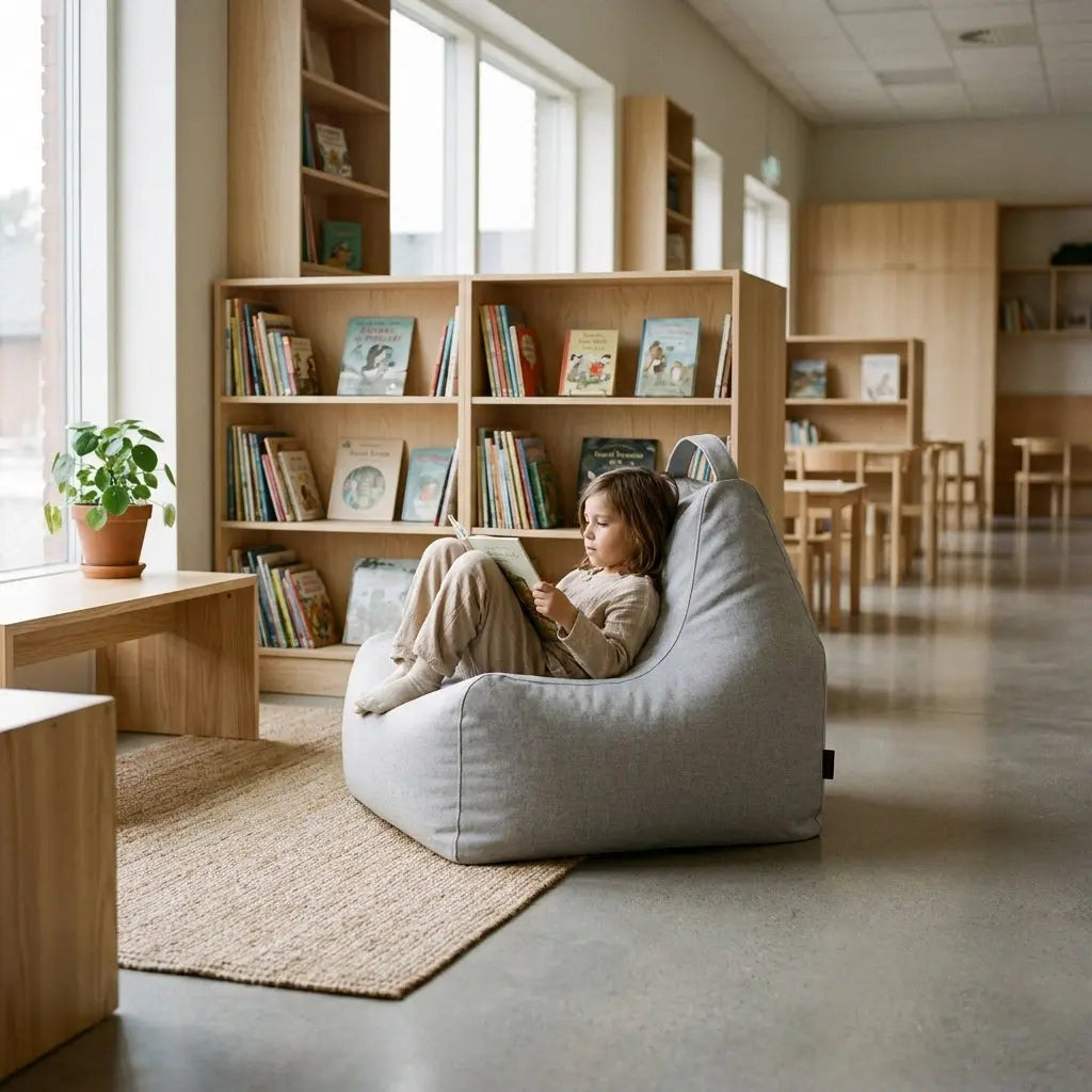 A cozy, minimalist children's library with a child reading in a grey beanbag chair, wooden bookshelves, and natural light.