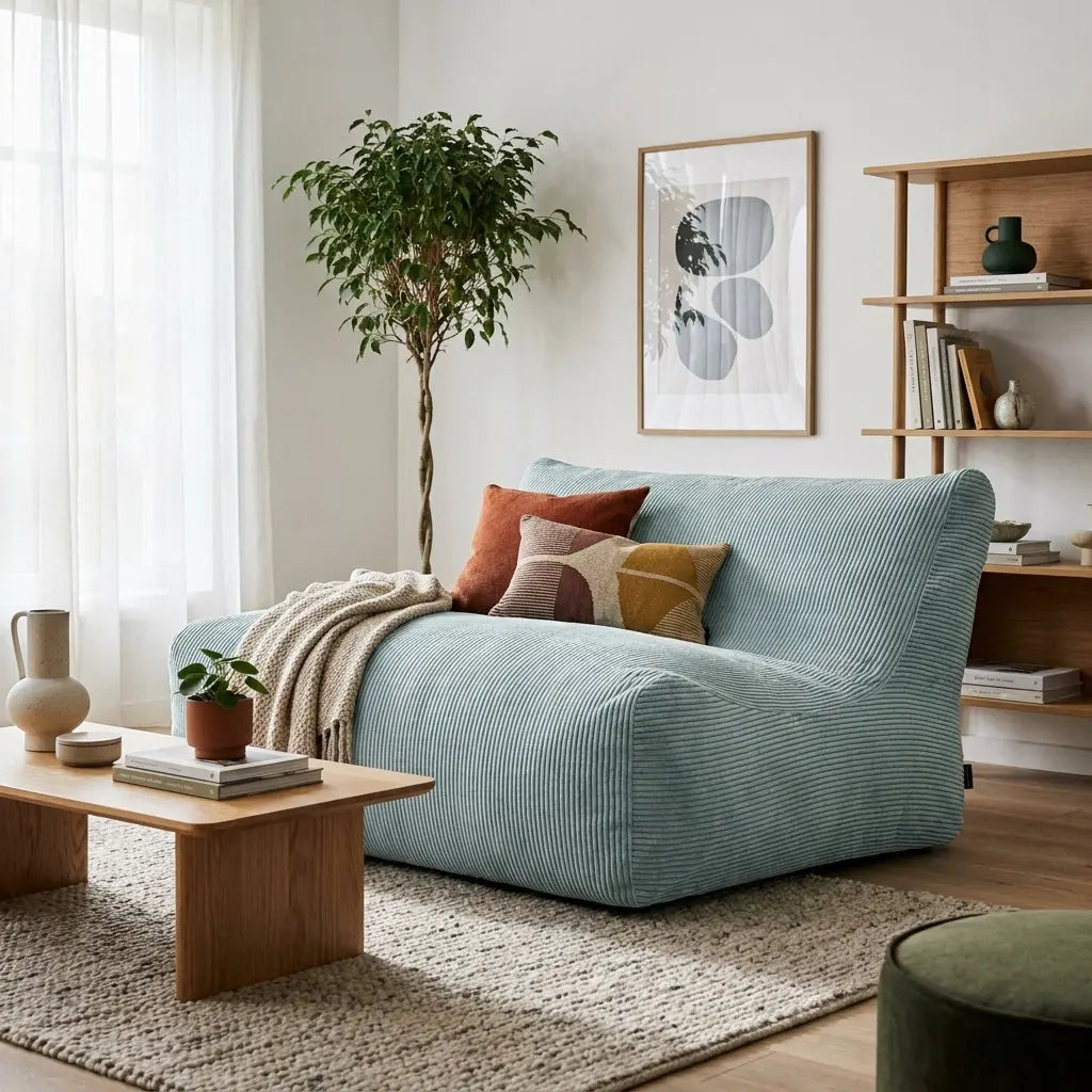 Modern living room featuring a light blue corduroy sofa, wooden coffee table, and minimalist decor in a cozy, bright space.
