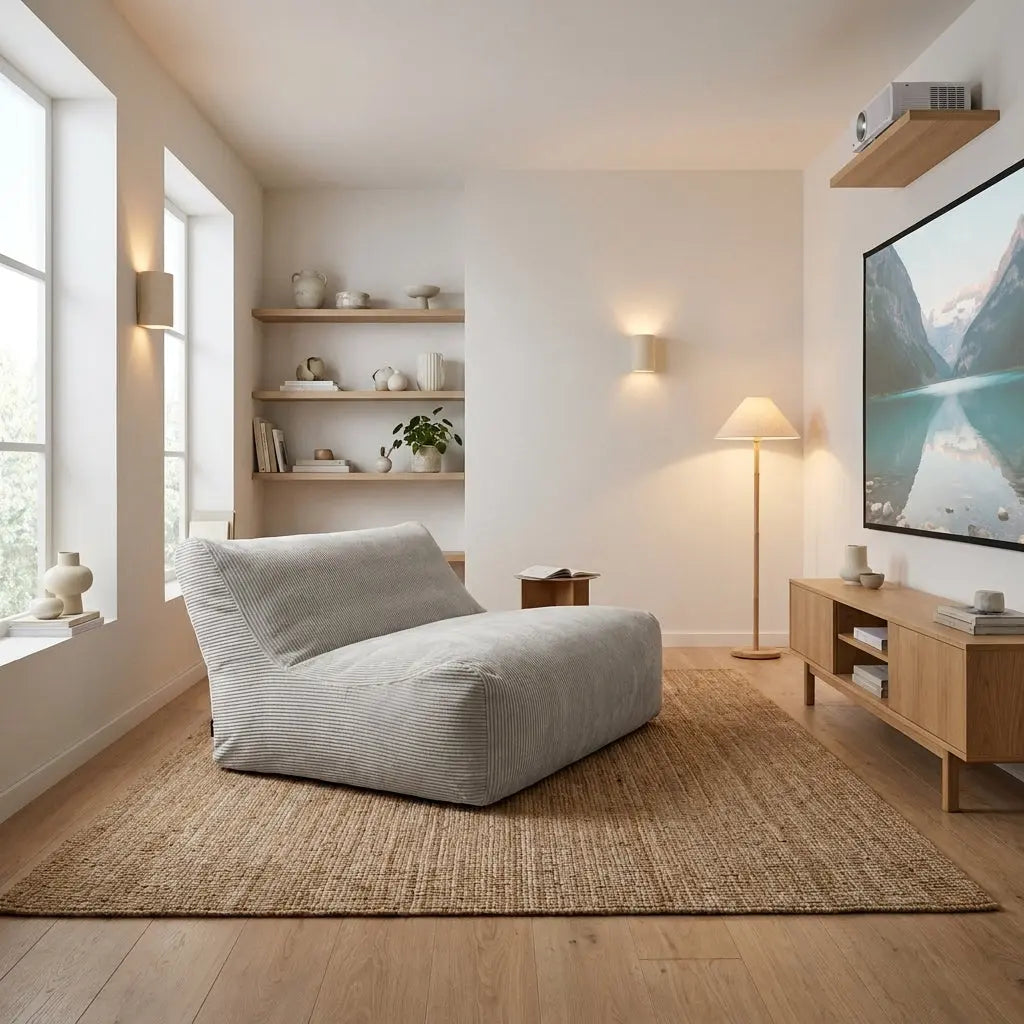 Sittsäck Soffa Lounge Waves Snow in a minimalist living room, styled with a jute rug, light wood furniture, and warm lighting.