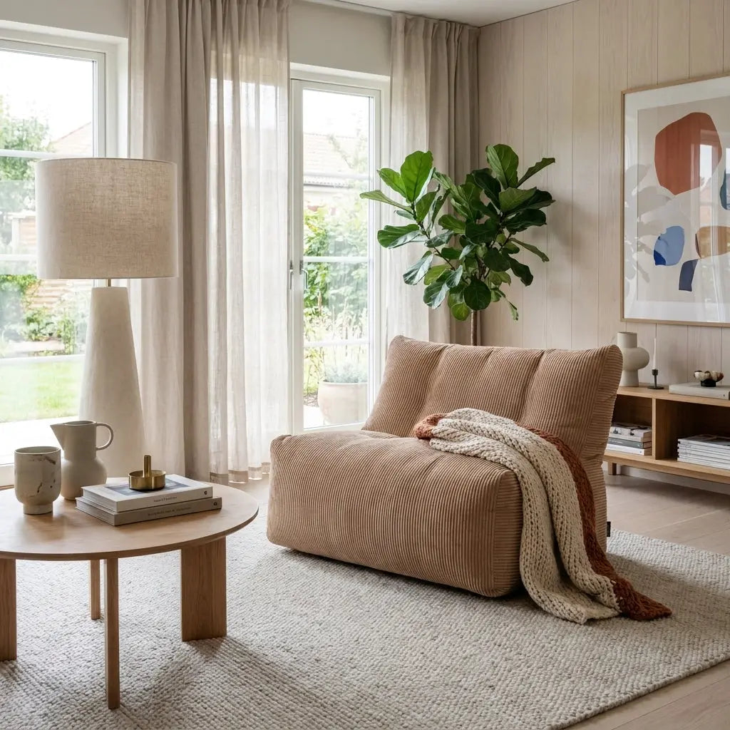Sittsäck Soffa Seat Waves Sand in a cozy, sunlit living room with a textured rug, wooden coffee table, and soft decor.