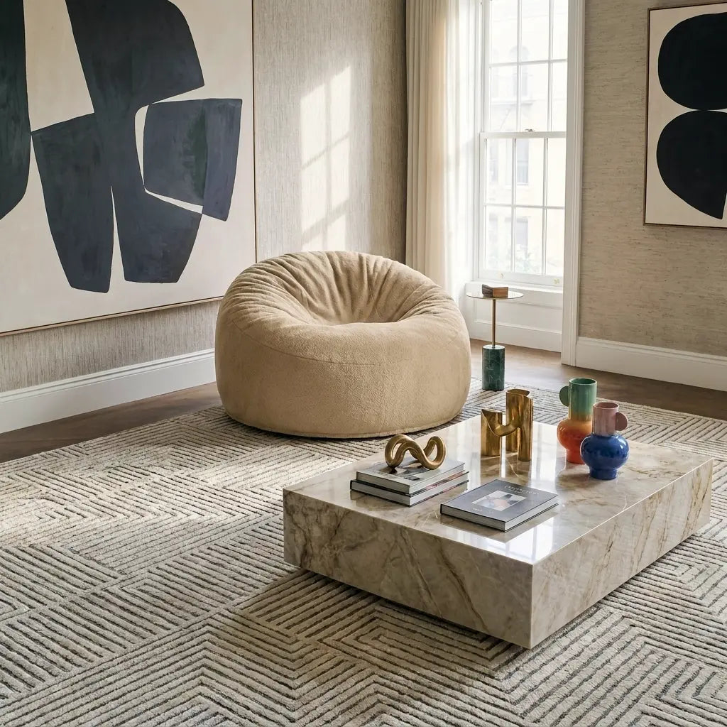 Modern living room with a beige beanbag chair, marble coffee table, abstract wall art, and geometric patterned rug.