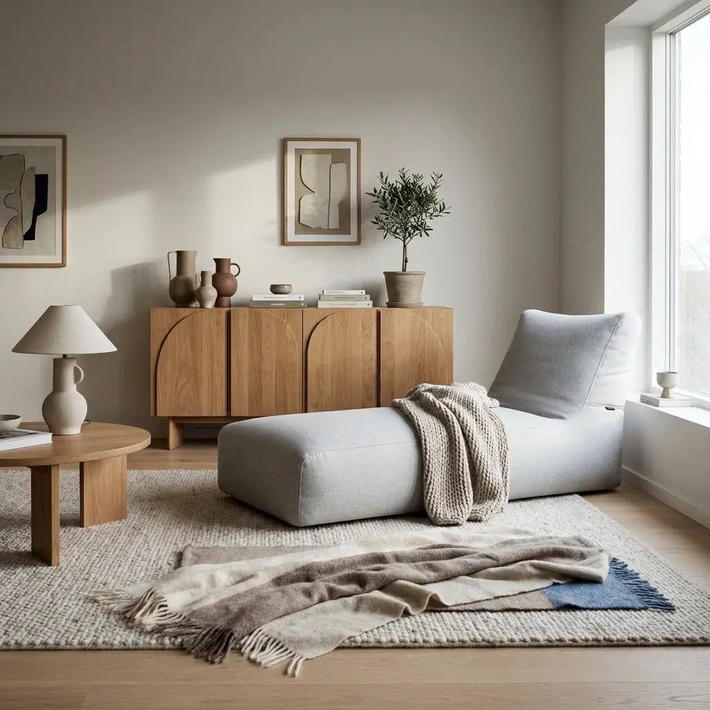 Modern minimalist living room featuring a light gray chaise lounge, wooden sideboard, and textured rug in a neutral palette.