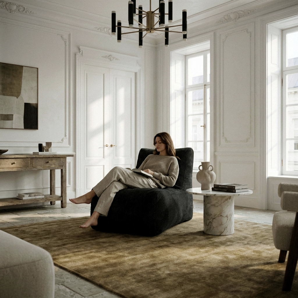 A woman relaxes on a Sittsäck Lounge Waves Black beanbag chair in a bright, elegant living room with a marble side table.