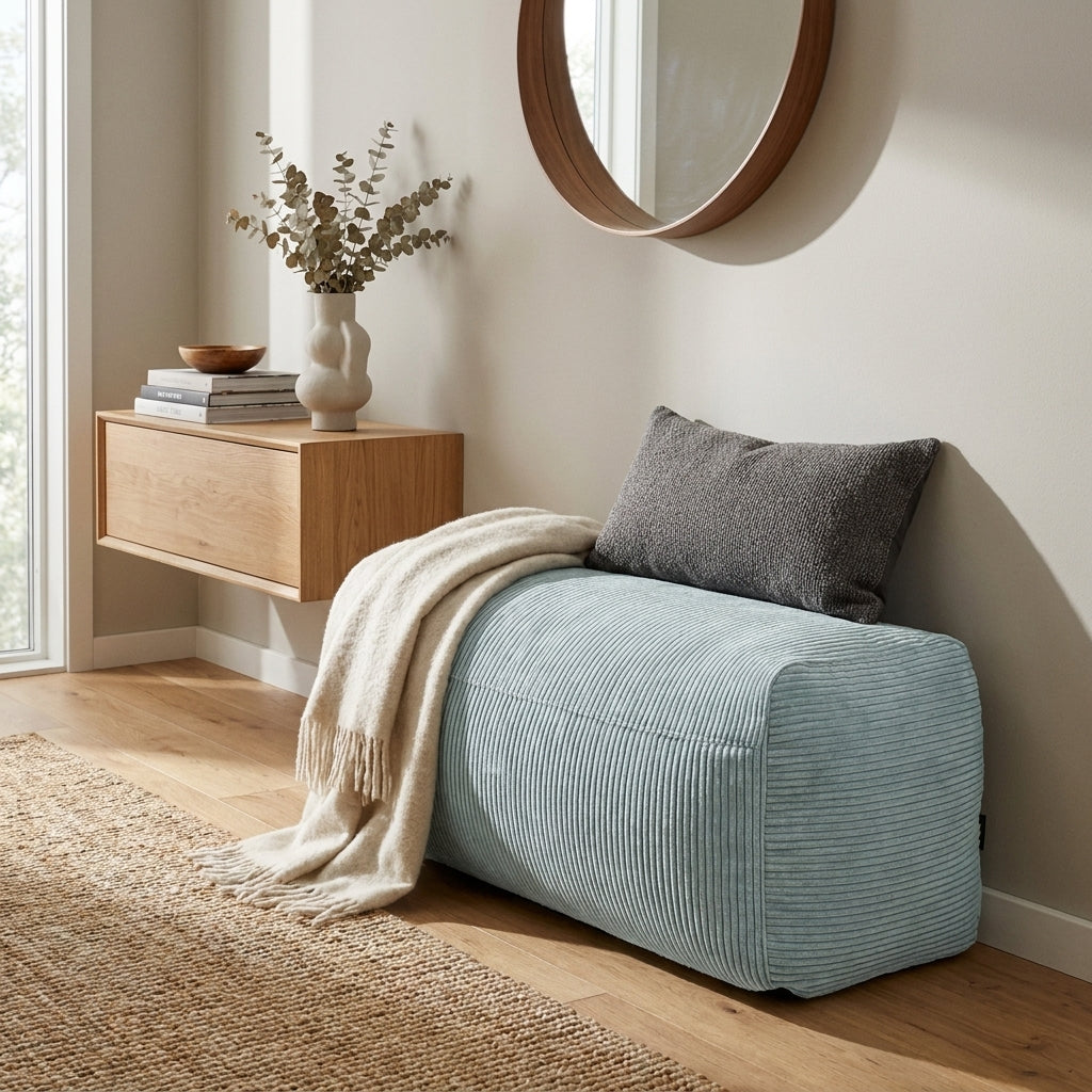 Modern entryway featuring a light blue corduroy bench, floating oak console, woven rug, and minimalist decor.