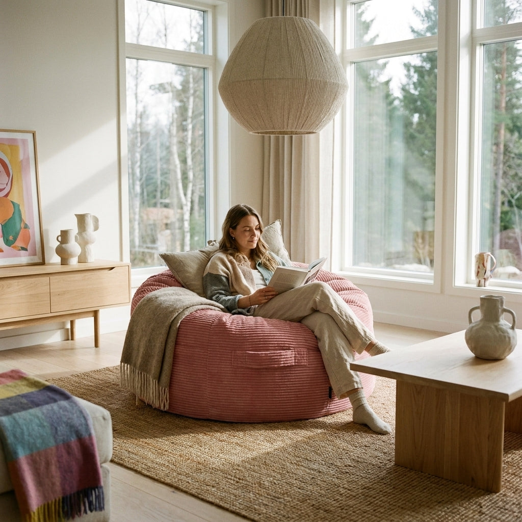 Cozy living room with a woman reading on a pink beanbag chair, featuring natural wood furniture, a jute rug, and modern decor.
