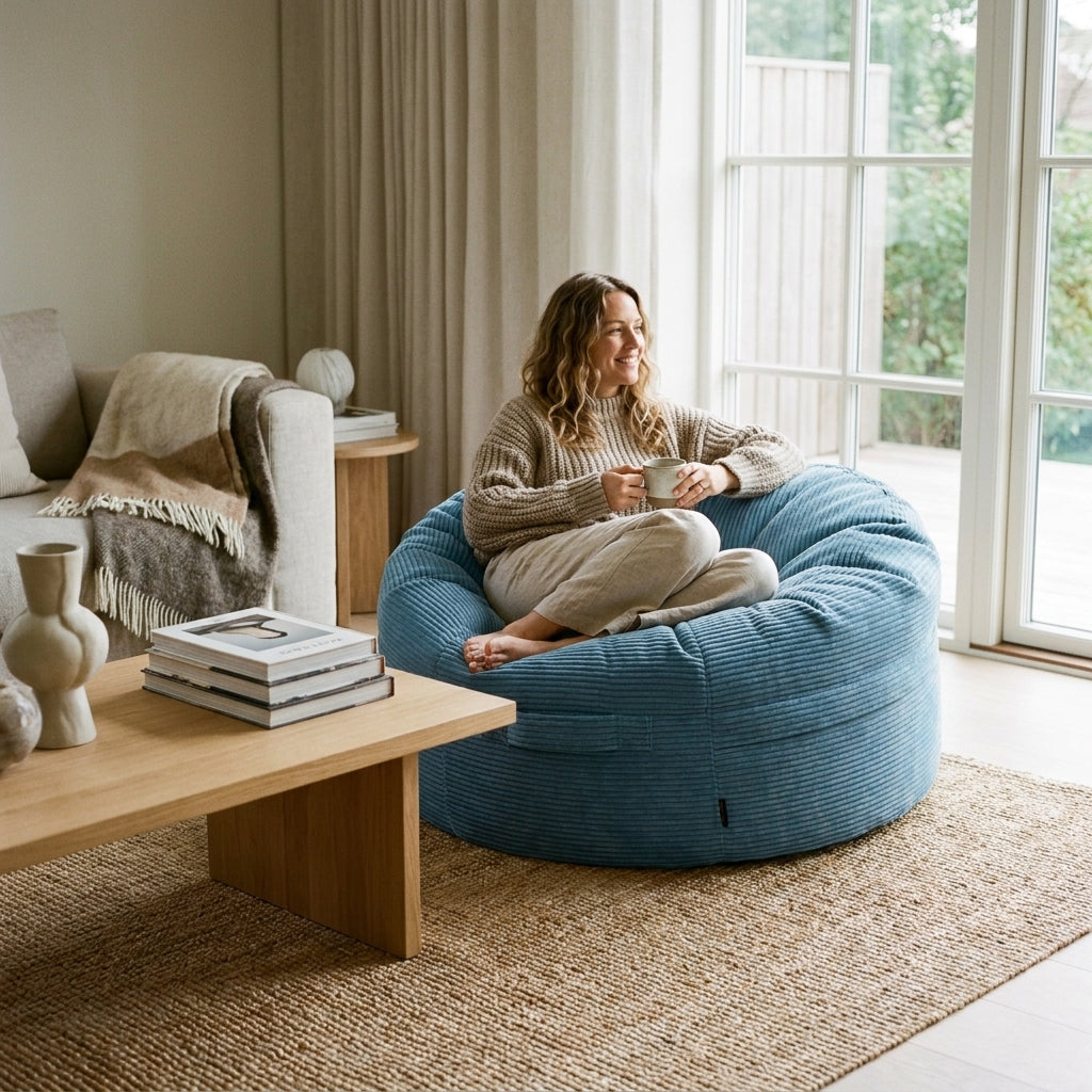 A cozy, modern living room featuring a woman relaxing in a blue corduroy bean bag chair by a bright window.