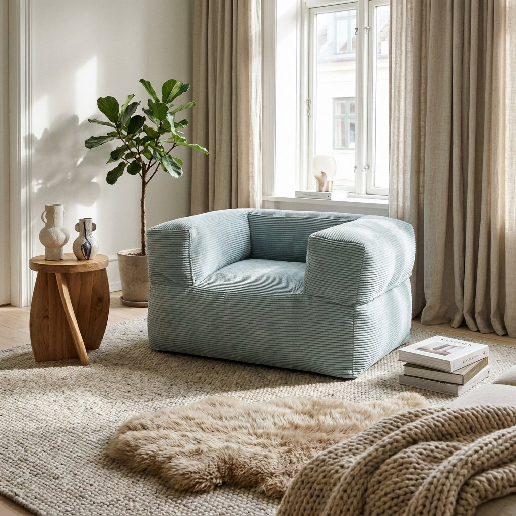 Modern living room with a light blue corduroy armchair, wooden side table, fiddle leaf fig plant, and cozy neutral decor.