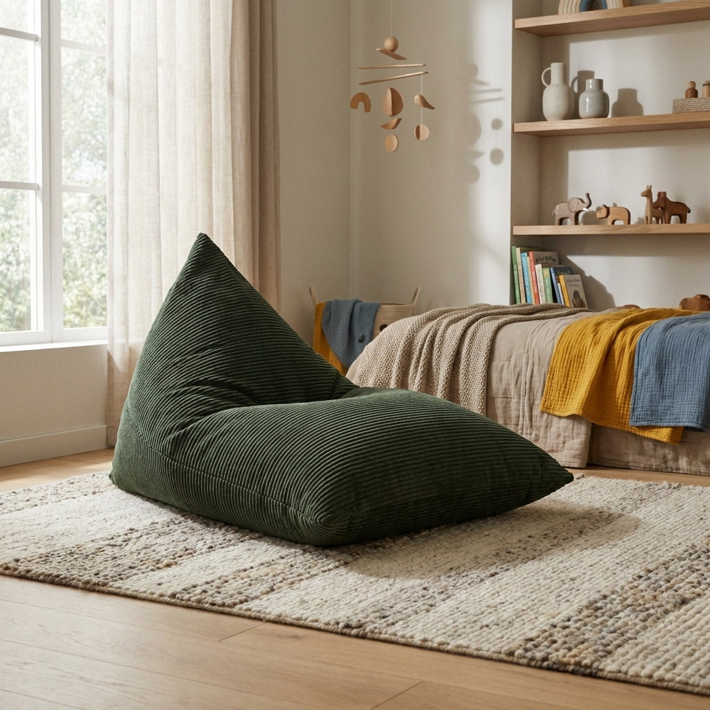 Cozy nursery featuring a dark green corduroy bean bag chair, neutral textured rug, wooden mobile, and minimalist shelving.