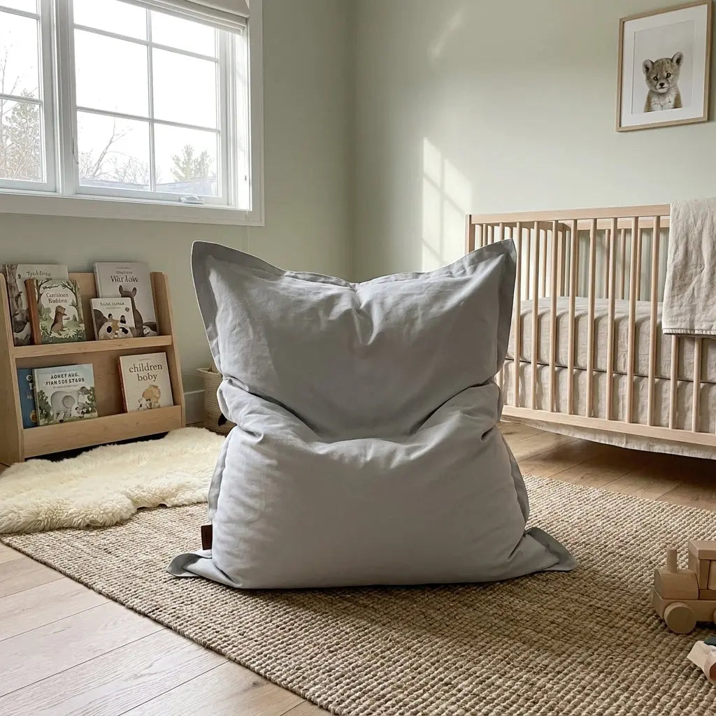 1me OX sittkudde & barnfåtölj white grey in a cozy children's room with natural light